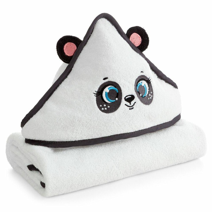 Prosop Copil Cu Gluga, EUROFIRANY, Alb, 100x100 cm, Bumbac Moale, Gluga Cu Broderie Pisicuta, Urechi Si Fundita Moi, Absorbant Si Delicat Cu Pielea, Ideal Pentru Bebelusi Si Copii Mici