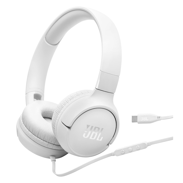 Слушалки JBL Tune 520C, Кабелни, На ушите, Микрофон, USB-C, Бели