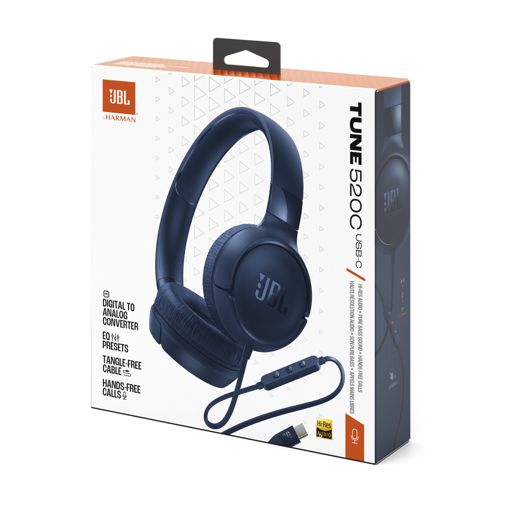 Casti JBL Tune 520C, Cu fir, On-ear, Microfon, USB-C, albastru