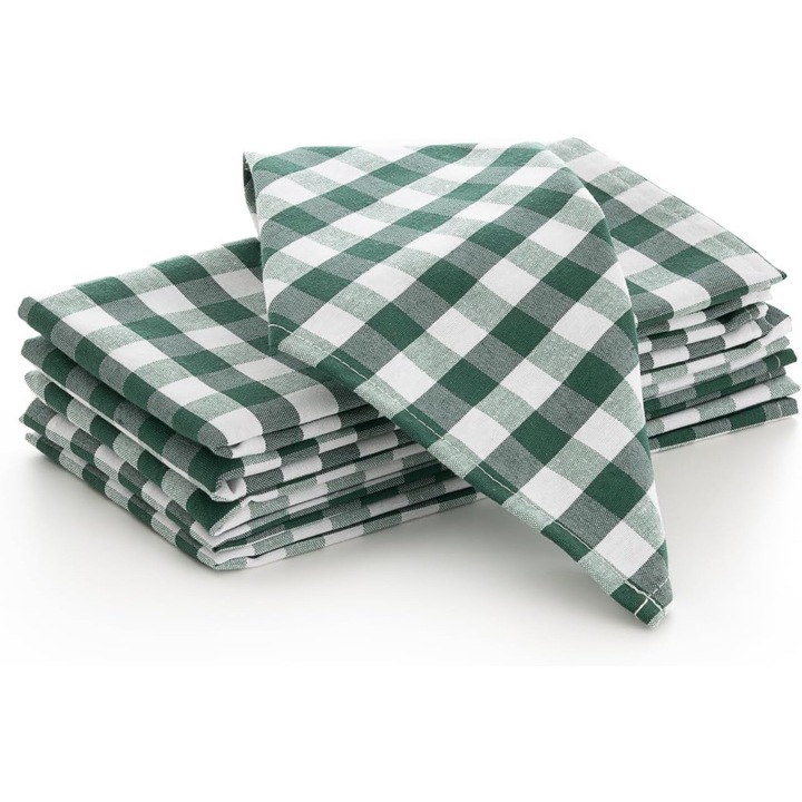 Set 6 Servetele de Masa GAMUSI, Carouri Alb cu Verde, Bumbac si Poliester, 45x45cm