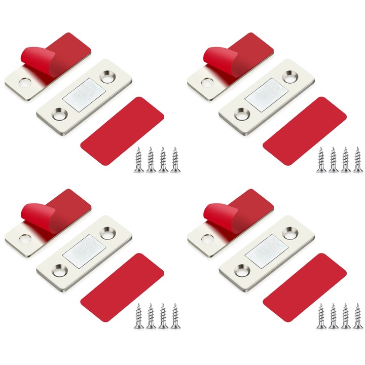 Set 4 Bucati Magneti Puternici Din Otel Inoxidabil Profesional SUPER TRENDS® Pentru Usi de Mobila, Usi Glisante, Bucatarie, Fereastra, Instalare: Autoadeziv Sau Suruburi