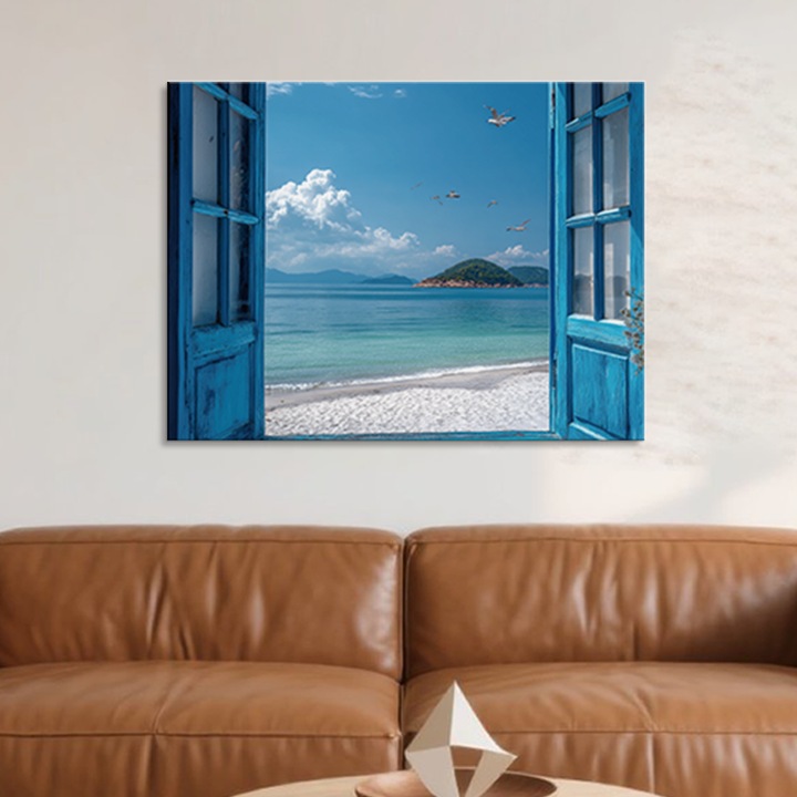 Pictura de arta cu peisaj marin in tonuri albastre si vedere la fereastra de coasta, decor de perete minimalist pentru sufragerie, dormitor sau baie, inramata in lemn masiv cu carlige, imprimare HD, panza impermeabila, 40cm * 30cm