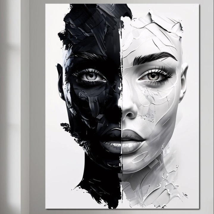 Премиум картина върху платно, LuxCanva® G1163, Две момичета, Една душа, 45 X 60 см, 100% памучно платно 400 г/м2, дървена рамка, Двойственост, Бяло, Черно, Монохромно, Ин, Ян, Светлина, Удар, Мъгла, Хармония, Лица, Жени, Сърце, Офис, Хол, Спалня