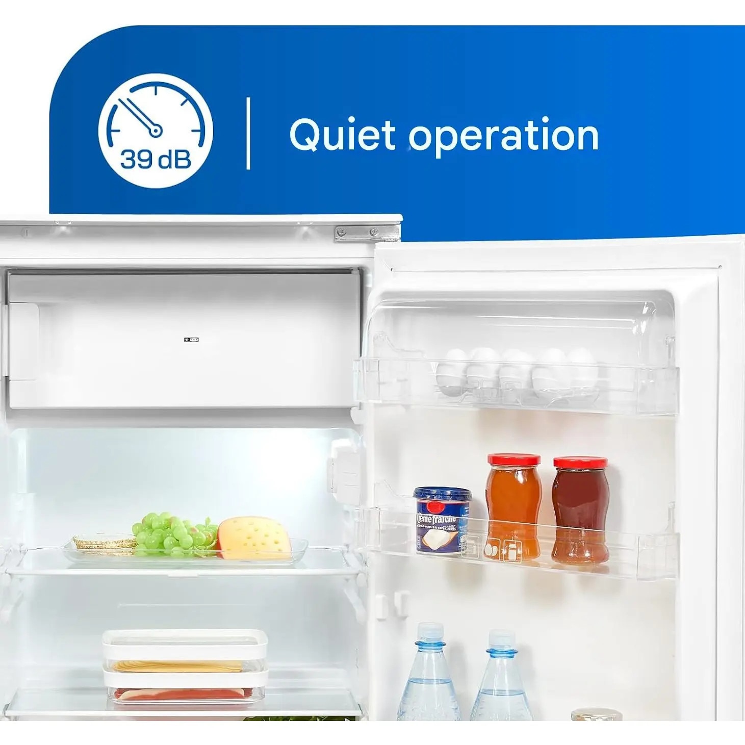 Mini frigider undercounter Exquisit, capacitate totala 119 litri, H 88 cm, congelator 4 stele, No Frost, compartiment pentru fructe si legume, 2 rafturi din sticla, iluminat interior LED, control mecanic de temperatura, picioare ajustabile, alb