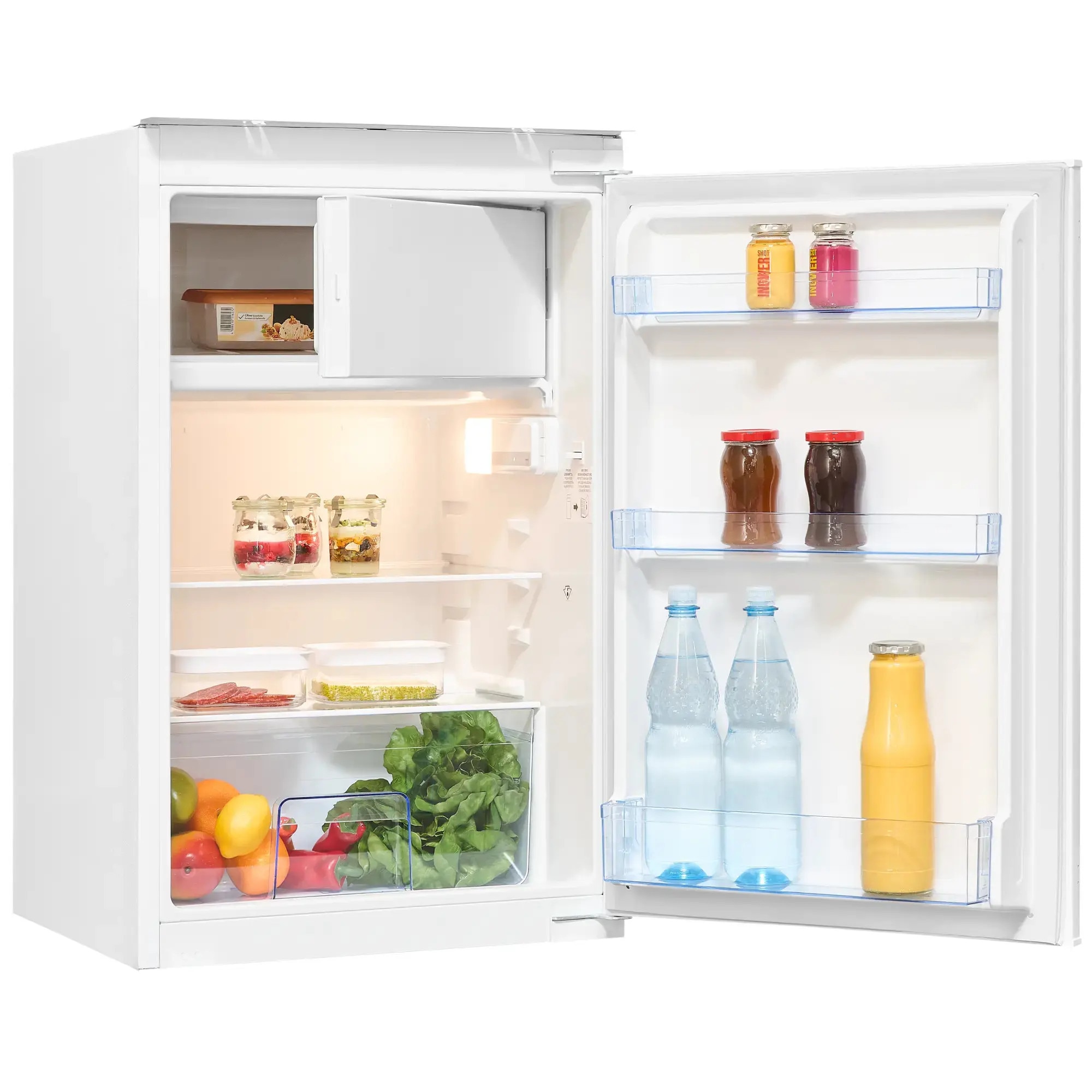Mini frigider undercounter Exquisit, capacitate totala 119 litri, H 88 cm, congelator 4 stele, No Frost, compartiment pentru fructe si legume, 2 rafturi din sticla, iluminat interior LED, control mecanic de temperatura, picioare ajustabile, alb