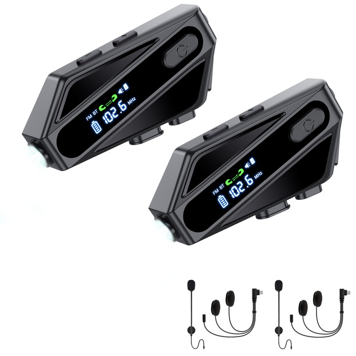 Комплект от 2. C6, Безжична система за комуникация за мотоциклети, Bluetooth 5.3, Разстояние 600 м, Време за разговори 35 часа, Споделяне на музика, Радио, Гласово управление