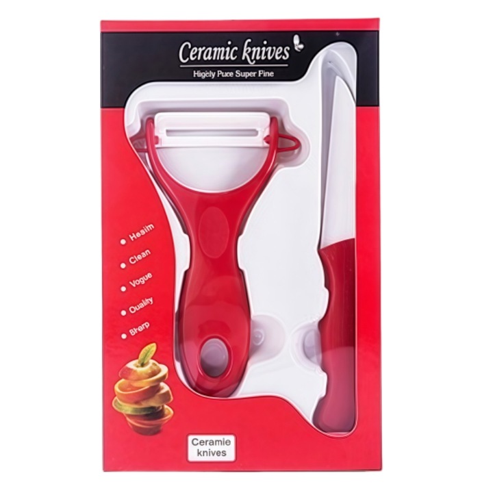 Комплект 2 Белачки и Нож за почистване на зеленчуци и плодове, керамични остриета, червен