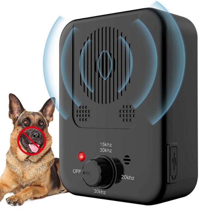 Kutyaugatásgátló eszköz, 3 frekvencia, hatékony hatótávolság (15m), 30 napos üzemidő, vízálló, kampóval, 6 hónapostól 8 éves korig terjedő kutyák számára alkalmas