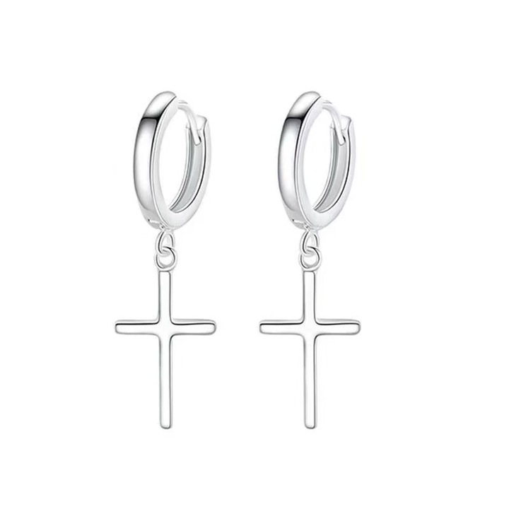 Дълги обеци от сребро проба 925, висулка с кръст, родиево покритие, 2,7 см, сребристи