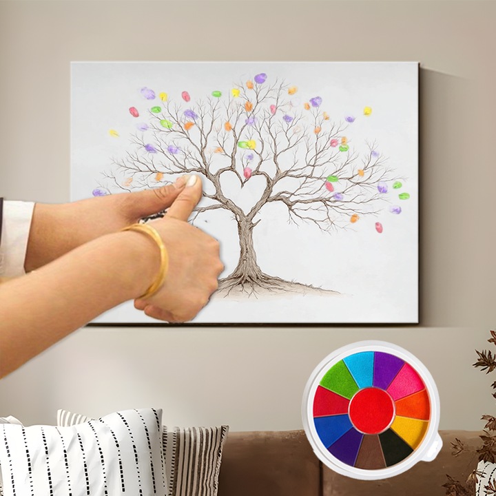 Setul de panza de copac cu amprente digitale, include tampoane de cerneala de 6 culori, decor de activitate pentru petrecerea nuntii, alternativa pentru cartea oaspetilor, prezent nou casatorit, marime: 30cm * 40cm * 1.1cm