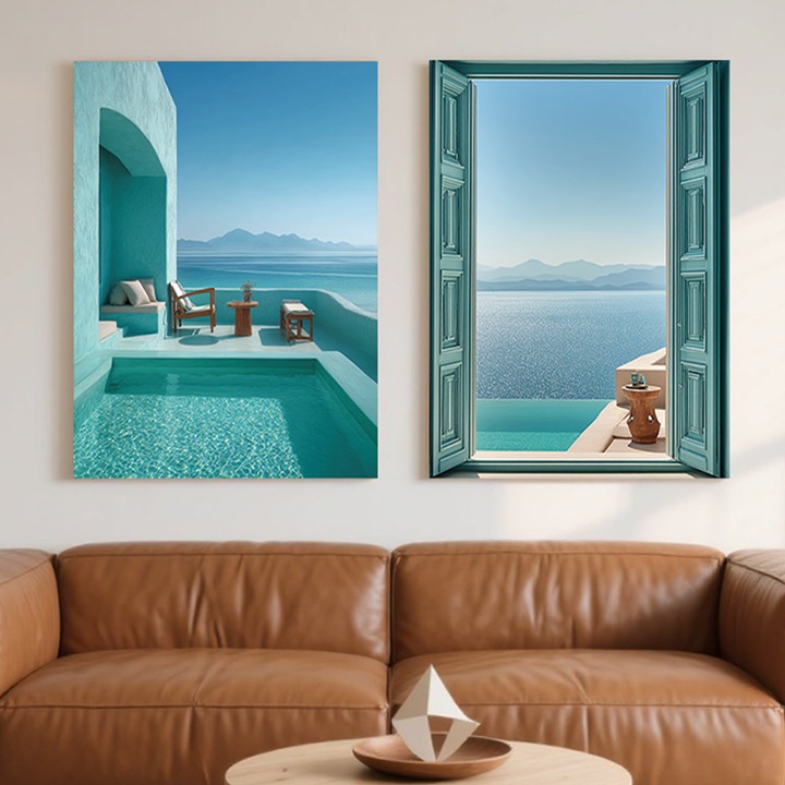 Set de 2 piese picturi artistice cu peisaj marin si vedere la fereastra de coasta, decor de perete minimalist pentru sufragerie, dormitor sau baie, rama interioara din pin, cu carlige, imprimare HD, panza impermeabila, 40 × 30 cm × 2 bucati