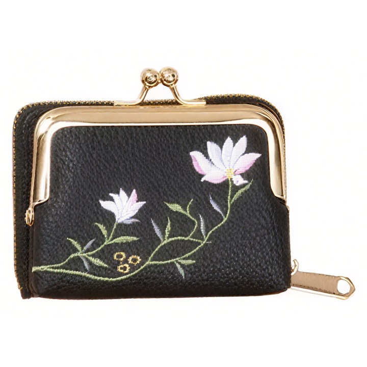 Portofel dama mini brodat floral, piele PU neagra, 11×8 cm, carduri & monede