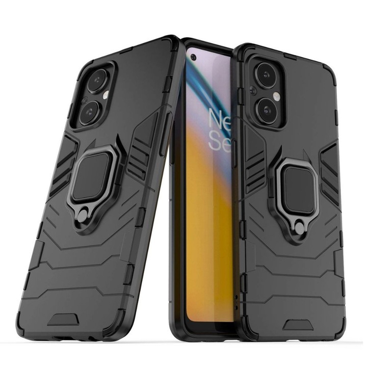 Кейс G-Ring Defender, съвместим с OnePlus Nord N20 5G, Antishock Armor, въртящ се на 360 градуса пръстен, вграден магнит за закрепване в кола, TPU и PC, черен
