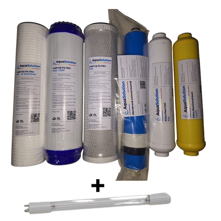 Комплект резервни филтри – Съвместим със система за обратна осмоза (мембрана 100 GPD) 6 етапа, 0.0001 микрона с 6W UV стерилизатор, – AquaSolution RO-ProLine