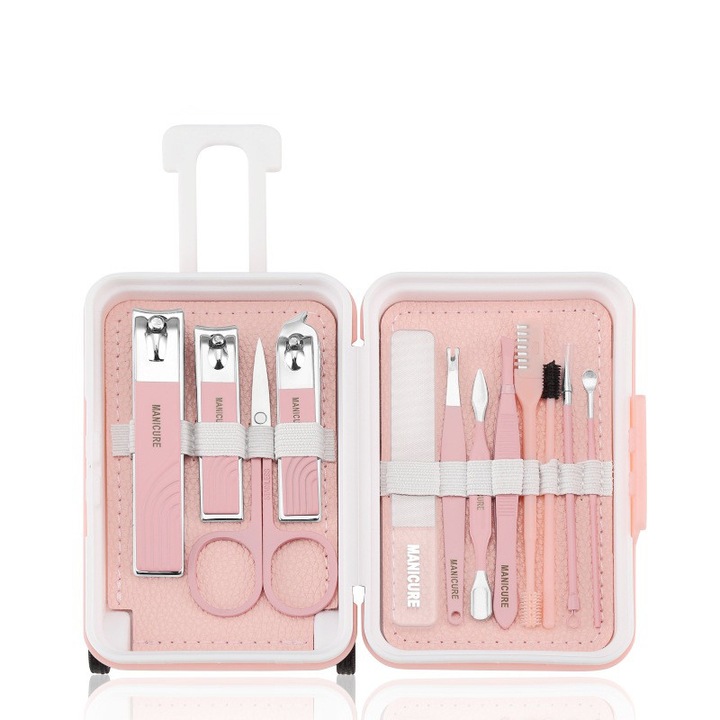 Trusa manichiura pedichiura mini valiza, 12 piese, roz, inox, portabila