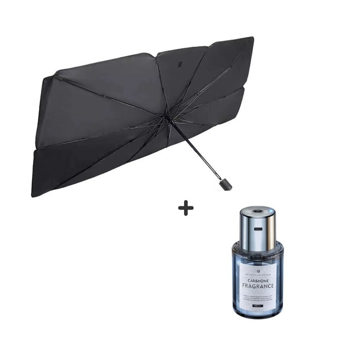 Parasolar pliabil EMATTERIO , tip umbrela pentru parbrizul masinii, Rezistent UV, 130 x 75 cm, husa depozitare + Cadou Difuzor Odorizant Automat Uleiuri Esentiale, Auto 160ml Cu Acumulator Reincarcabil 5V Car & Home
