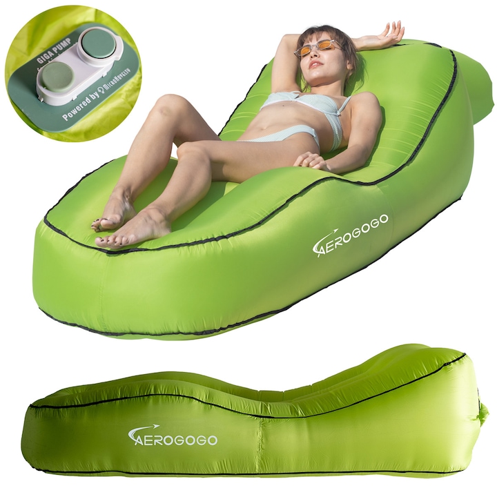 Saltea Gonflabila Aerogogo PS2 Din Poliester Si PVC, GIGALOUNGERPS2, 185x80x50cm, Verde Inchis, Cu Pompa Incorporata, Impermeabilitate La Nivel IP68, pentru relaxare la piscina sau pe plaja