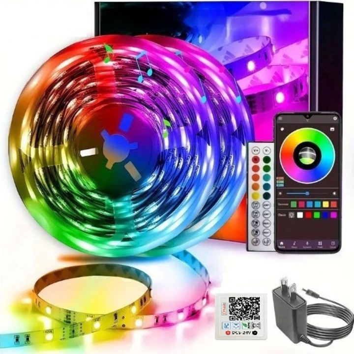 Intelligens LED fényszalag készlet, 10 méter, vágható, öntapadós hátlap, Bluetooth, távirányító, 16 színváltó mód, a színek a zene ritmusára változnak, alkalmas hálószoba és otthoni bulik díszítésére