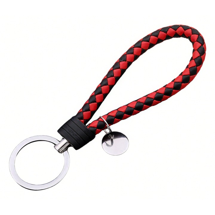 Breloc chei impletit din piele ecologica (PU), rosu-negru, 13 cm, cu inel metalic, bucla de mana