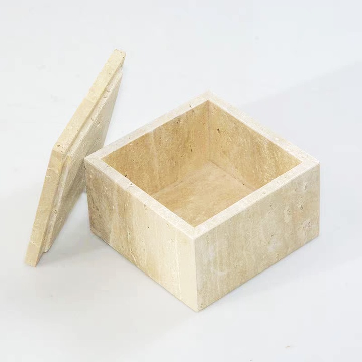 Set suporturi din marmura naturala cu capac, bej, 15x15x8cm