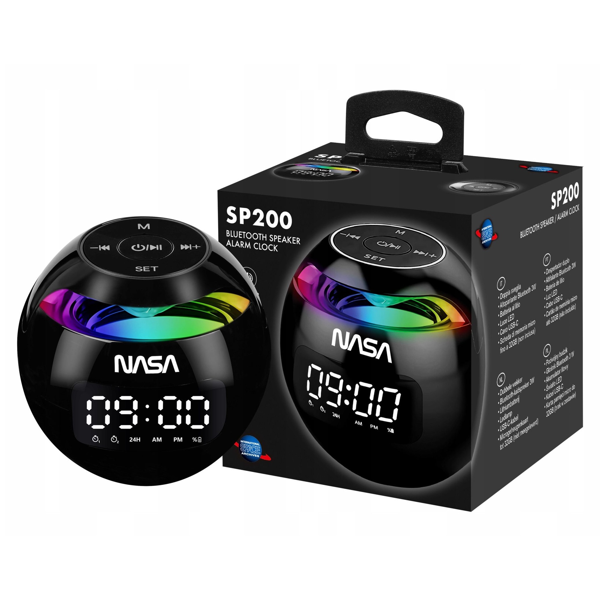 Difuzor Bluetooth 5.0 NASA SP200 cu 2 ceasuri desteptatoare + lampa LED RGB / NASA SP200