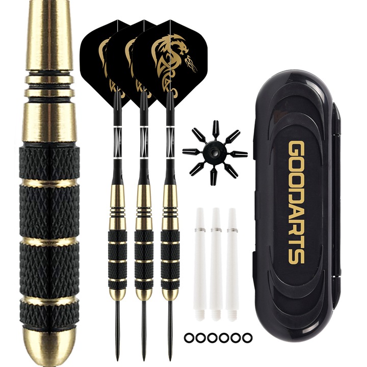 Set de 3 sageti profesionale, TOIITKQ, 22g, cu varf metalic, cu carcasa, corp din alama, manere ergonomice, pentru incepatori si profesionisti, negru