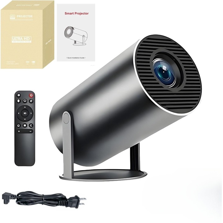 Ultra HD hordozható okos videoprojektor (4K támogatással) Android 11 rendszerrel, Wi-Fi 6 kétsávos, automatikus korrekcióval, Bluetooth 5.0-val, HDMI/USB-vel, beépített hangszóróval, ideális házimozihoz és játékhoz