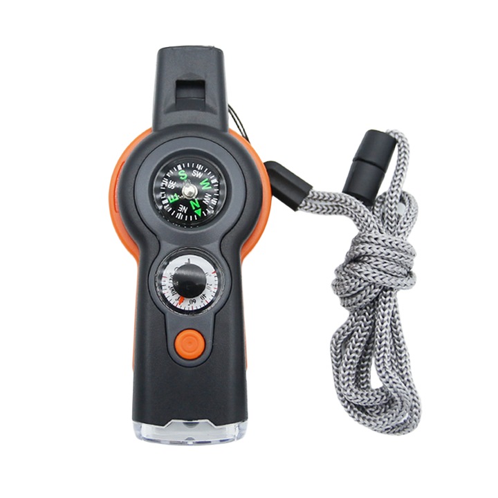 Casca de supravietuire multifunctionala, 7 in 1, portabila, portocalie, 11x3cm, cu funie de 50cm