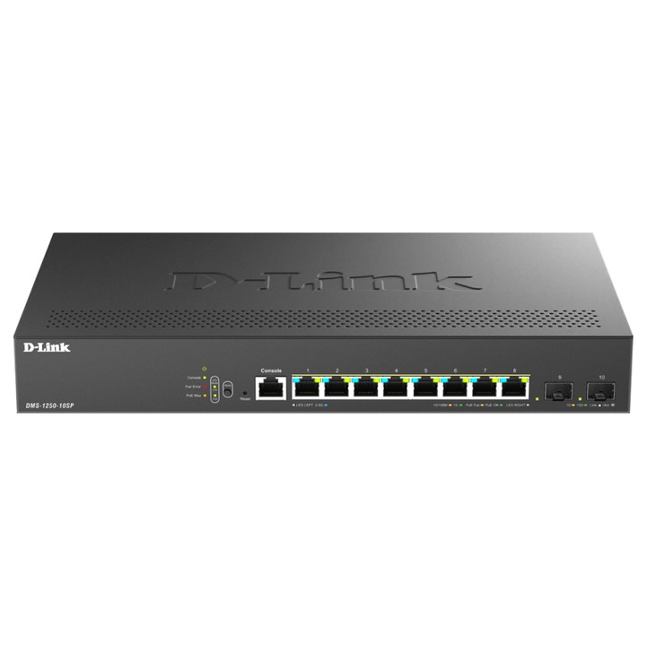 D-Link DMS-1250-10SPL switch, 8 gigabites port, 2 SFP port, 802.3bt802.3af/at protokoll, rackbe szerelhető