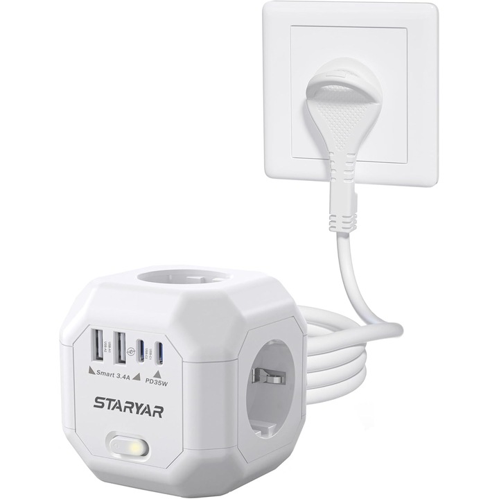 Prelungitor cub cu 4 prize, 2 USB-A su 2 USB-C PD 35W, 4000W, comutator ON/OFF, cablu de 2 m, 7.6 x 7.8 cm, alb