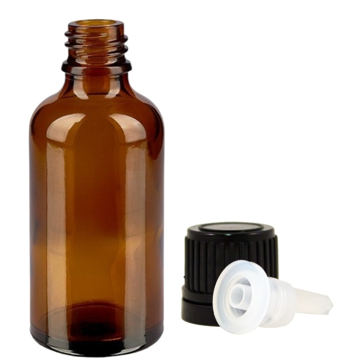 Recipient cosmetic din sticla groasa cu mecanism tip picurator si capac alb cu sigiliu, pentru uleiuri esentiale, serumuri, blenduri, tincturi, 50 ml, maro, Kati Naturals