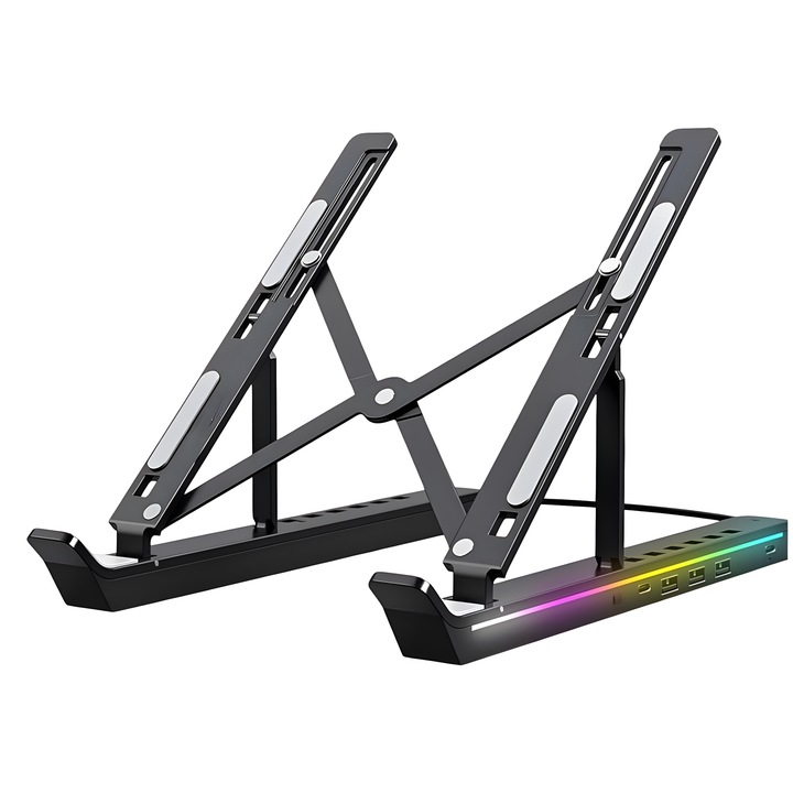 Suport laptop RGB, Pliabil, Cu 7 Trepte Ajustabile, Ergonomic, cu porturi USB integrate, Efecte luminoase Ajustabile, Husa de Transport inclusa, Negru