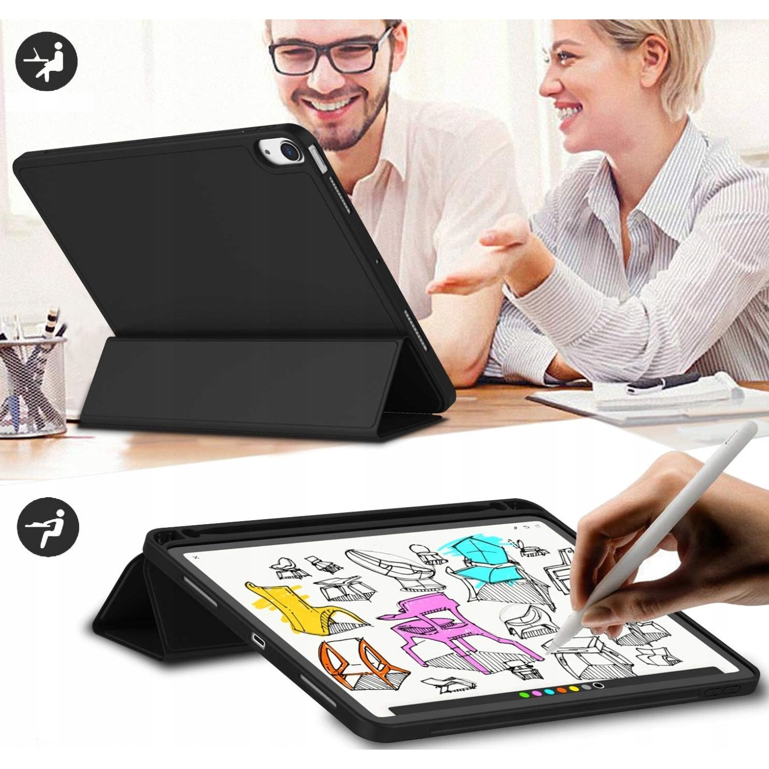 Husă tabletă, pentru Apple iPad Air 13", spațiu pentru stylus, piele ecologică, silicon, negru