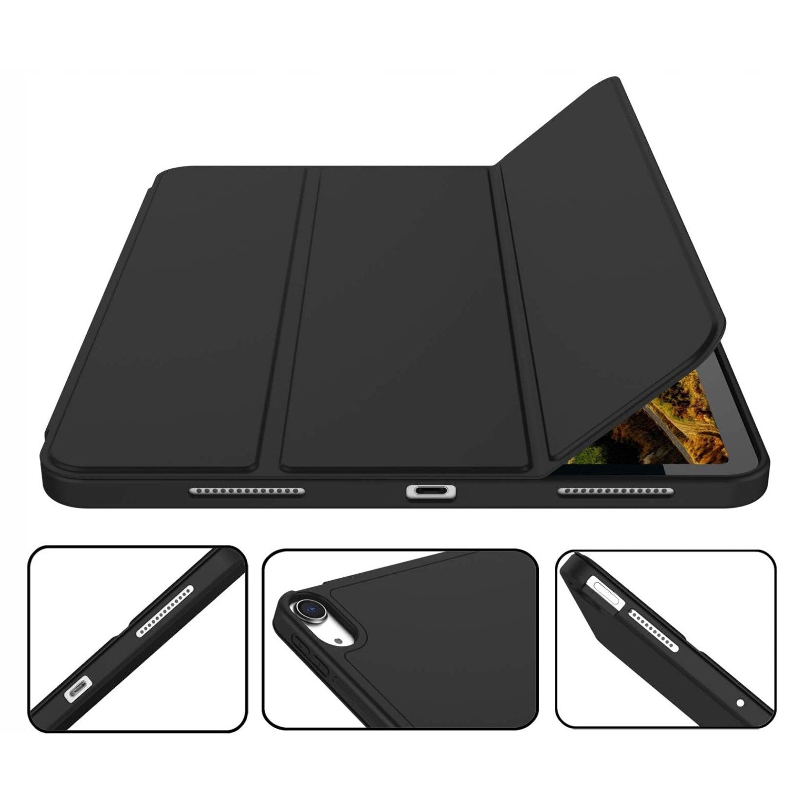 Husă tabletă, pentru Apple iPad Air 13", spațiu pentru stylus, piele ecologică, silicon, negru