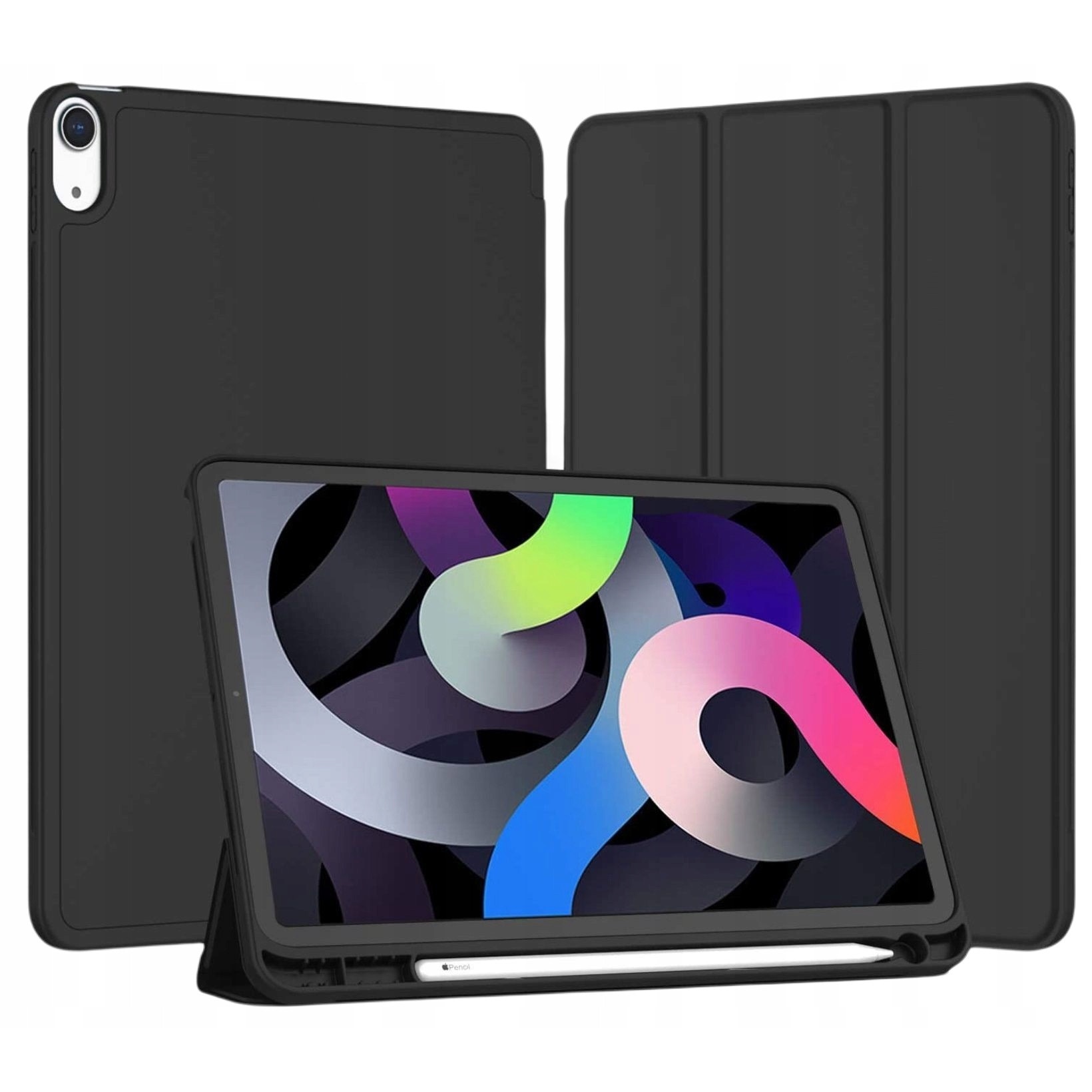 Husă tabletă, pentru Apple iPad Air 13", spațiu pentru stylus, piele ecologică, silicon, negru