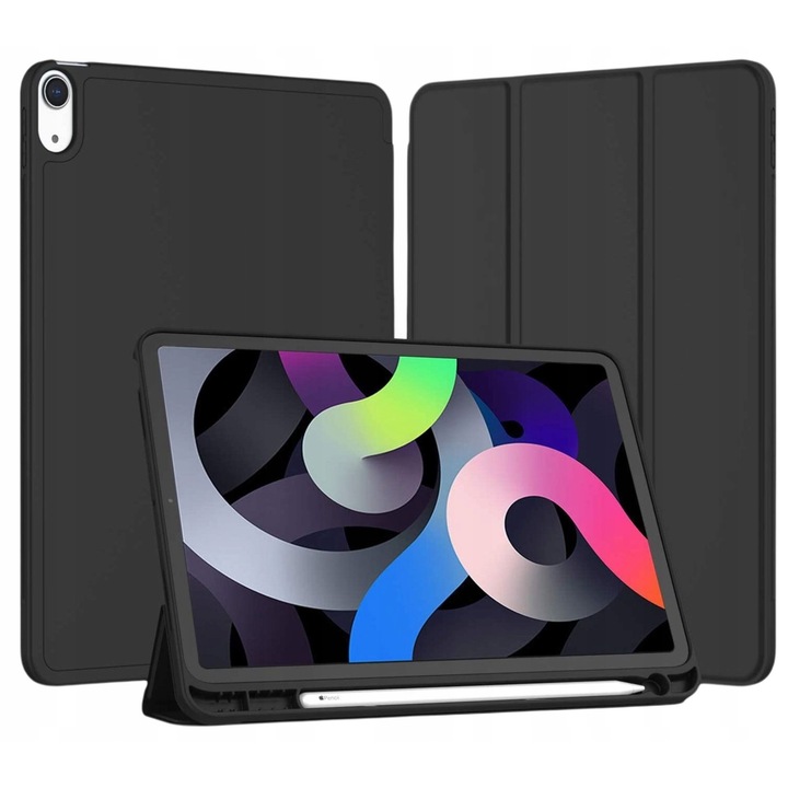 Tablet tok, Apple iPad Air 13"-hoz, stylus hellyel, ekológikus bőr, szilikon, fekete