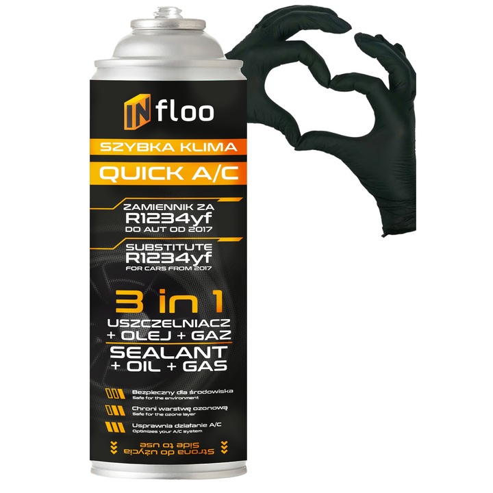 Set Agent Frigorific 3 In 1, Infloo, 3 In 1 R1234Yf 185 g, Etansant Pentru Elemente Din Cauciuc, Multifunctional, Manopera De Inalta Calitate, Durabil si Rezistent, Uleiuri Sintetice, Gaz Natural Hidrocarburic
