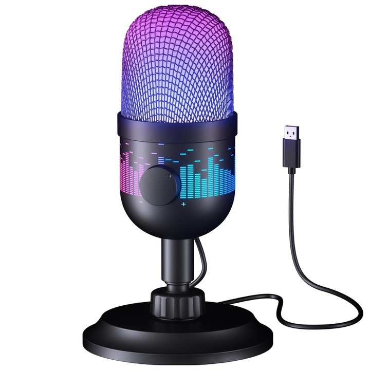 Microfon Profesional AK1, cu Suport Detasabil, Conectivitate USB, Cardioid, Reducere Zgomot Fundal, Functie Mute, Iluminare RGB, pentru Streaming, Youtube, Tiktok, Gaming, Podcast, Compatibil Windows, MacOS, PS4, PS5, Negru