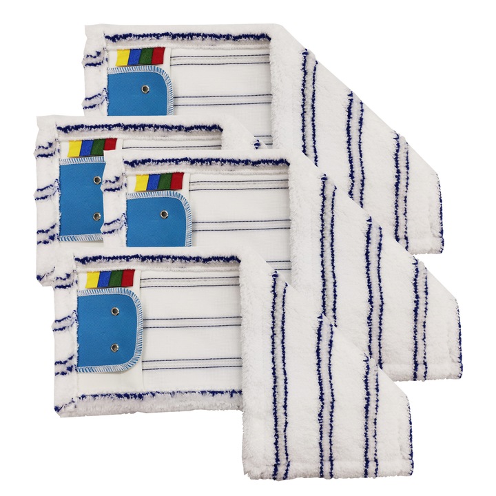 Set - 4 x Mop plat Alb cu Dungi Albastru din microfibra soft, 40cm, prindere cu buzunare si urechi, cu cod culori EU, 88gr