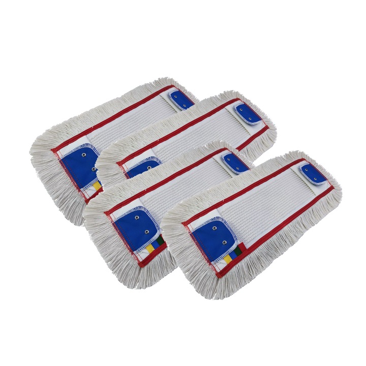 Set - 4 x Mop profesional plat Rosu cu urechi si buzunare, cu dungi, 100% bumbac, 190gr, 40cm, cu cod de culori EU