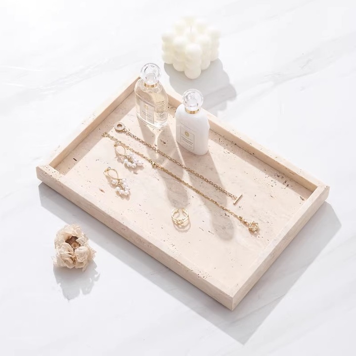 Tava rectangulara din marmura naturala, 30x20cm, bej, decorativa pentru baie si bucatarie, set 1 bucata