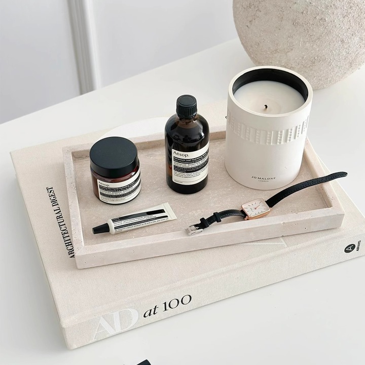 Tava rectangulara din marmura naturala, 25x13cm, bej, decorativa pentru bijuterii si cosmetice