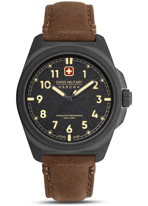 Férfi karóra Swiss Military Hanowa, Fieldmaster modell, Ronda 763E kvarc szerkezet, rozsdamentes acél tok, barna bőr szíj, 10 ATM vízálló, fekete számlap