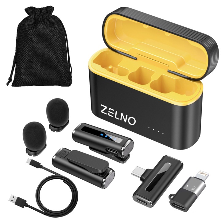 Set 2 microfoane lavaliera wireless ZELNO® cu display LED, reducere zgomot, carcasa magnetica incarcare, husa transport, autonomie 24h, USB-C, adaptor Lightning, compatibil Android, iOs, laptop, omnidirectional, negru