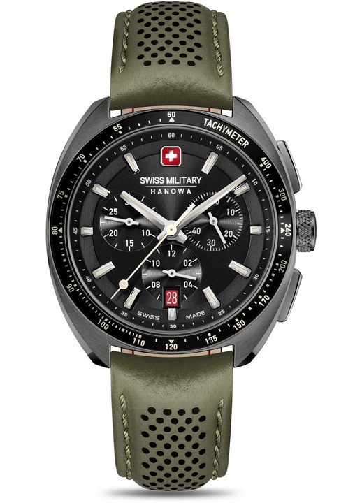 Мъжки часовник, Swiss Military Hanowa, кварцов механизъм Ronda 5030D, черен циферблат, зелена кожена каишка, 10 ATM