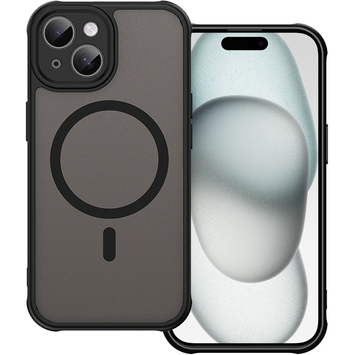 Husa tip MagSafe pentru Apple iPhone 15 Plus, Magnetic Defense Remastered, Policarbonat mat, Spate fumuriu, Colturi cu protectie antisoc, Atasare magnetica, Wireless charging, Negru