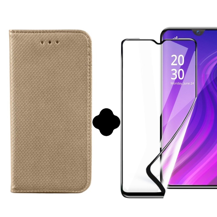 Set protectie Husa tip carte+Folie ceramica compatibil cu Samsung Galaxy A56, Flip Magnet, Piele ecologica, Tip carte portofel, Protectie completa, Aderenta sigura, Auriu