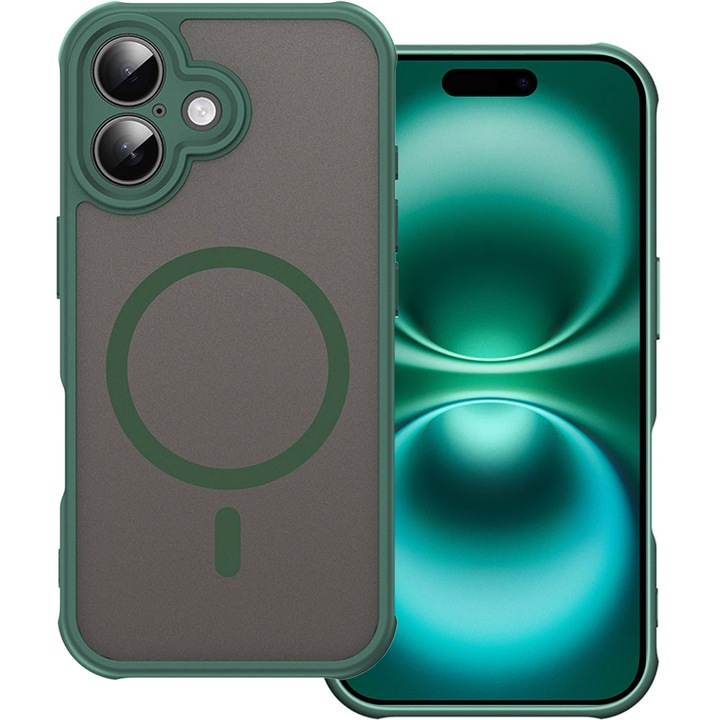 Husa tip MagSafe pentru Apple iPhone 16 Plus, Magnetic Defense Remastered, Policarbonat mat, Spate fumuriu, Colturi cu protectie antisoc, Atasare magnetica, Wireless charging, Verde inchis