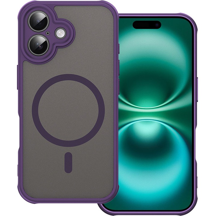 Husa tip MagSafe pentru Apple iPhone 16 Plus, Magnetic Defense Remastered, Policarbonat mat, Spate fumuriu, Colturi cu protectie antisoc, Atasare magnetica, Wireless charging, Mov inchis