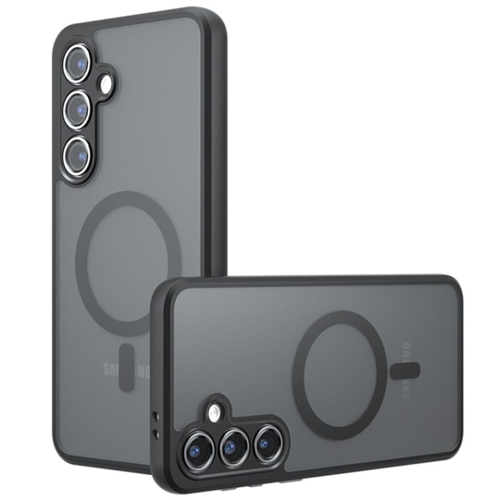 Husa pentru Samsung Galaxy S24 FE, SKYDDAR INNOVATION, PureFrost MagSafe, AntiSoc, set cu sticker, Negru frost